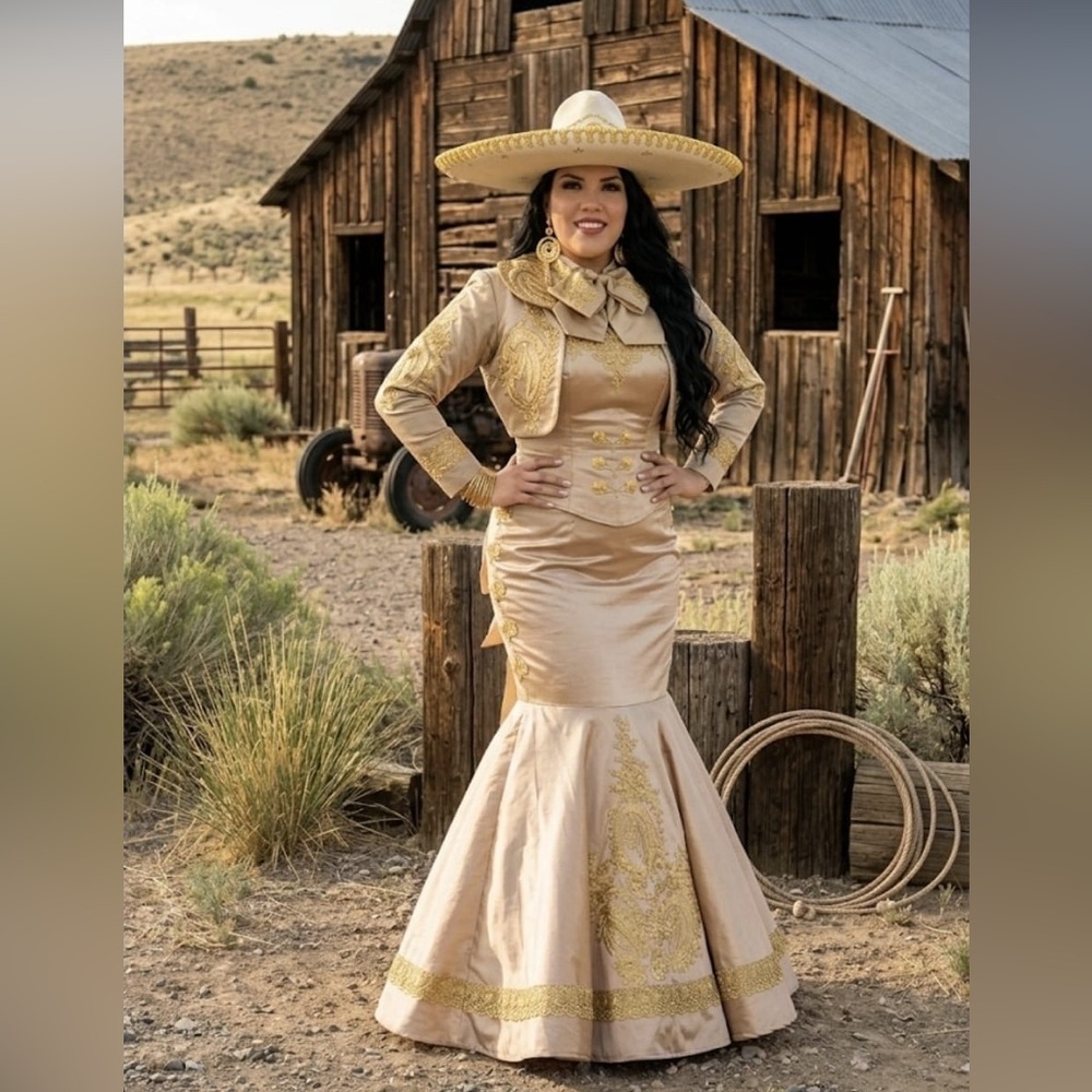 Elegant Gold Charro Dress with Hat